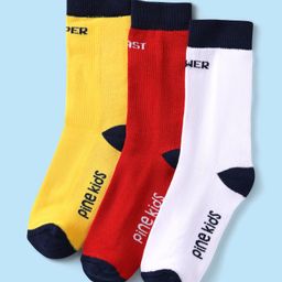 Pine Kids Knit Ankle Length Silvadur Antimicrobial Socks with Text Design Pack of 3 - Yellow Red & White-image-113