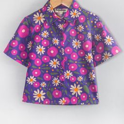 Hugsntugs Woven Cotton Half Sleeves Floral Printed Shirt Style Top - Purple-image-102