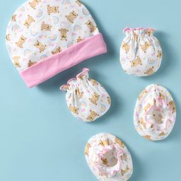 Ben Benny Interlock Knit Cap Mitten & Booties Set with Bear & Rainbow Print White - Diameter 11 cm-image-27