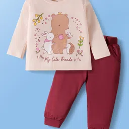 Doodle Poodle 100% Cotton Knit Full Sleeves Top & Joggers Set With Animal Print - Light Peach & Maroon-picture-49