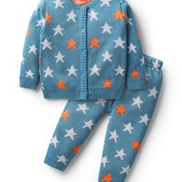 Babyhug Knitted Full Sleeves Front Open Sweater Set with Star Design - Blue-image-86