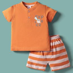 Zero Sinker Knit Half Sleeves Henley Neck T-Shirt & Striped Shorts Set With Teddy Bear Print - Orange-picture-14