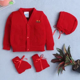 BUMZEE Full Sleeves Floral Embroidered Front Open Sweater With Cap & Booties - Red-picture-20