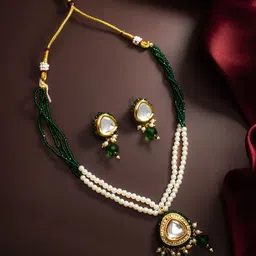 aadita Gold Plated Kundan & Pearls Studded & Beaded Jewellery Set-image-46