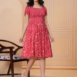 Meeranshi Floral Print Puff Sleeve Square Neck Fit & Flare Mini Dress-image-27