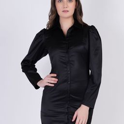 BERIAMO Satin Shirt Collar Sheath Dress-image-101