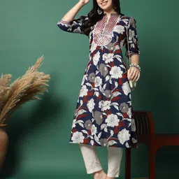 Ramas Floral Printed Mandarin Collar Mirror Work Pure Cotton Straight Kurtas-picture-18