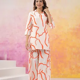 JISORA Women's Orange Printed Silk Top With Trousers Co-Ord Set-image-55