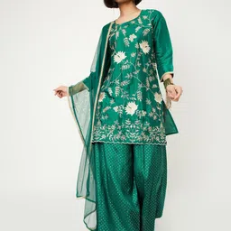 max Floral Embroidered Sequinned Straight Kurti With Palazzos & Dupatta-image-11