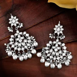 Peora Silver-Plated Kundan Studded & Beaded Floral Shaped Drop Earrings-16