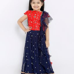 Babyhug Cap Sleeves Choli and Embroidered Ghagra with Net Dupatta - Red Navy Blue-picture-16
