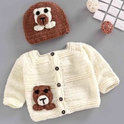 USHA ENTERPRISES Full Sleeves Teddy Detailing Baby Sweater With Cap - Brown-image-75