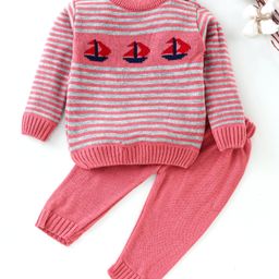 Babyhug Full Sleeves Stripe Sweater & Lounge Pant Ship Design - Pink-picture-27