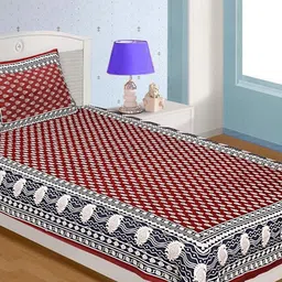 POORAK Maroon & White Jaipuri Print 104 TC Single Bedsheet with 1 Pillow Covers-image-18