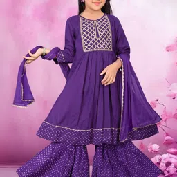 KALINI Girls Ethnic Motifs Embroidered Anarkali Kurta with Sharara & Dupatta-image-6