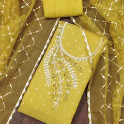SHADOW & SAINING Floral Woven Design Beaded Banarasi Semi-Stitched Dress Material-image-5