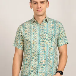 Label Ceres Men Classic Fit Spread Collar Floral Printed Cotton Casual Shirt-image-78