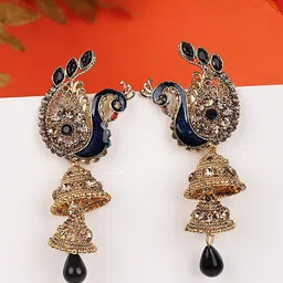 ANIKAS CREATION Gold-Plated Artificial Stones and Beaded Dome Shaped Oxidised Jhumkas-27