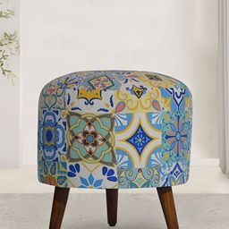 GLOBALLY INDIAN Blue & Beige Printed  Wooden Round Puff Ottoman-13