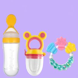 Joy Buzz Kids Set Of 3 Food Feeder Bottle Fruit Nibbler & Rattle Teether - Yellow-38