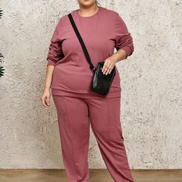 UnaOne Plus Size Pure Cotton Relaxed-Fit Round Neck T-Shirt & Trousers Co-Ord Set-image-46