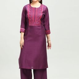 COTTON CULTURE Women Paisley Embroidered High Slit Gotta Patti Pure Silk Kurta with Palazzos-image-23
