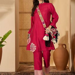 Sangria Floral Printed Mandarin Collar Tunic & Trousers Co-Ords-image-59