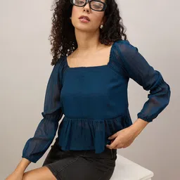 DRAAX Solid Puff Sleeves Peplum Top-picture-47