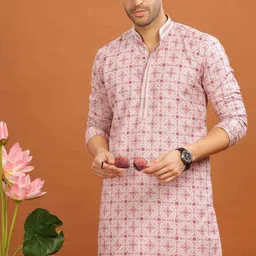 Anouk Pink Geometric Printed Sequinned Mandarin Collar Cotton Straight Kurta-picture-18