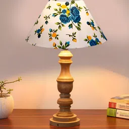 Devansh White & Blue Printed Wooden Frustum Shaped Table Lamp-13