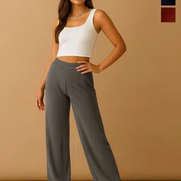 Fabflee Women Pack of 3 Wide Leg Mid-Rise Flat-Front Trousers-picture-21