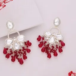 Lyriss Gold-Plated Artificial Stones Studded And Beaded Floral Shaped Drop Earrings-picture-14