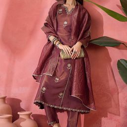 Sangria Floral Embroidered Panelled Notch Neck A-Line Kurta With Trouser And Dupatta-image-65