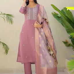 Anouk Pink Floral Embroidered Round Neck Pure Silk Straight Kurta With Trousers & Dupatta-image-42