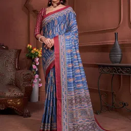 KALINI Ajrak Block Block Print Saree With Contrast Blouse Piece-7