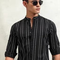 HIGHLANDER Men Band Collar Striped Cotton Casual Shirt-image-19