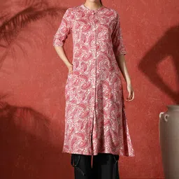Sangria Paisley Printed Mandarin Collar A-Line Kurta-picture-9