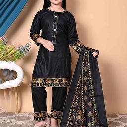 GLAMOUR WORLD GARMENTS Girls Floral Embroidered Regular Kurta with Palazzos & With Dupatta-image-93