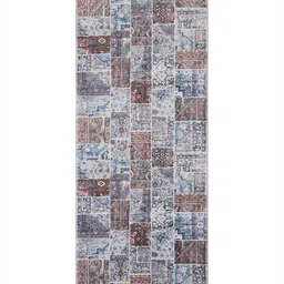 OBSESSIONS Blue & Brown Abstract Rectangular Antistatic Non Slip Bedside Floor Runner image 3