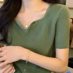 KPOP Women V-Neck Short Sleeves Solid Top-image-9