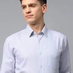 English Navy Men Wrinkle Free Vertical Striped Slim Fit Formal Shirt-image-92