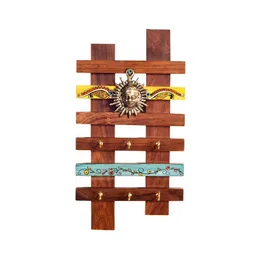 AAKRITI ART CREATIONS Brown & Yellow Wooden Taksha Key Hanger With Mask Motifs-image-53