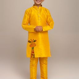 DEVOILER Boys Animal Printed Mandarin Collar Dupion Silk Straight Kurta-68