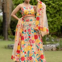 ODETTE Embellished Thread Work Semi-Stitched Lehenga & Unstitched Blouse With Dupatta-0