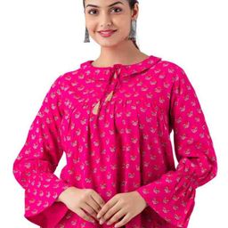 DMP EXPORT Ethnic Motifs Printed Tie-Up Neck Puff Sleeve Peplum Top-image-50