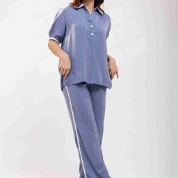 Luxe Weaves Ric Rac Women Solid Shirt & Trousers Co-Ords Set-image-27