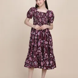 STARWORD Girls Floral Print Puff Sleeve A Line Midi Dress-picture-15