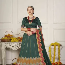 Warthy Ent Embroidered Thread Work Semi-Stitched Lehenga & Unstitched Blouse With Dupatta-image-87