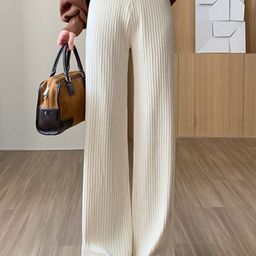 bebe Women Ribbed Knitted Flared Trousers With Side Buttons-picture-28