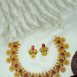 Diksha collection Brass-Plated Stone Studded Matte Finish Temple Jewellery Set-image-72